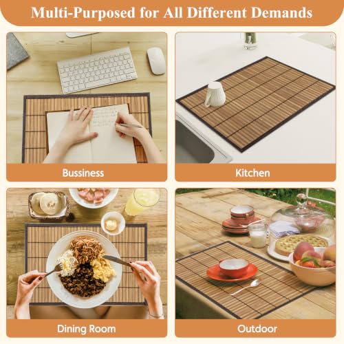 Bamboo Placemats Set of 6 with Fabric Border, Table Mats, Brown - color: Brown, size: Set of 6