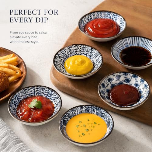 ZENFUN 12 Pcs Soy Sauce Dishes, Tiny Bowls, 3 oz Dipping Bowls for Condiment Sushi, Elegant Mini Bowl for Side Dish, Ketchup, Appetizer Plates, Ceramic, Blue and White - size: mini