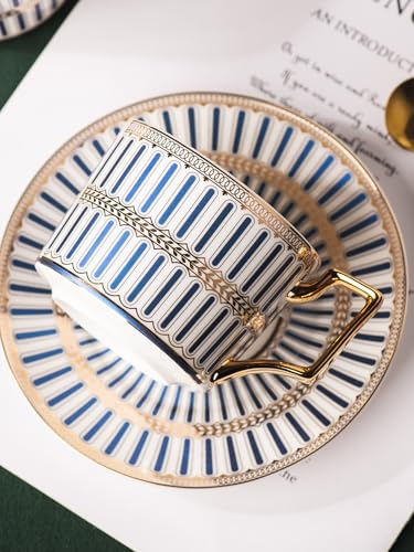 CwlwGO-Bone China Cups & Saucers Set of 2 (7 oz) with Gold Spoon and Gifts Box, White Tea Cups Sets,Cappuccino Cups,Ceramic British Coffee Cup Set. - color: White