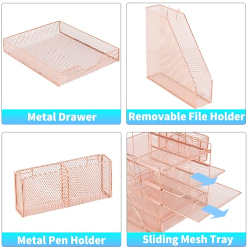 5-Tier Desk File Organizer with Drawer & Pen Holder (Rose Gold) - color: Rose Gold
