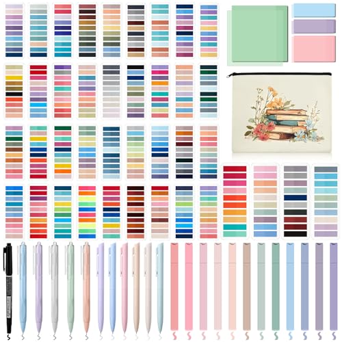 Gilprop Book Annotation Kit 8000 Pcs Transparent Sticky Tabs 12 Aesthetic Highlighters 6 Colored Pens 5 Black Gel Pens 1 Line Pen 4 Sticky Notes with Canvas Bag for Bible Gift Supplies(Classic)