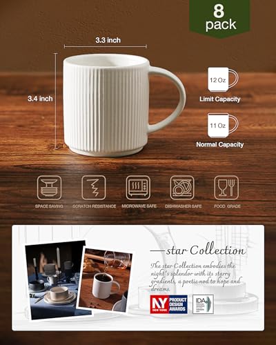 famiware Coffee Mug Set of 8, Star 12 oz Ceramic Mugs Cups Set with Handle - color: Star-Matte White, size: 8 Count (Pack of 1)