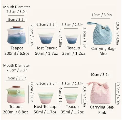 Hermit Life Chinese Travel Tea Set, Portable Ceramic Teapot for One to Two, Gongfu Tea Set with Color Gradient Design, 1 Pot 2 Cups, Gift for Tea Lovers (Pink&Pistachio Green) - color: Pink&Pistachio Green
