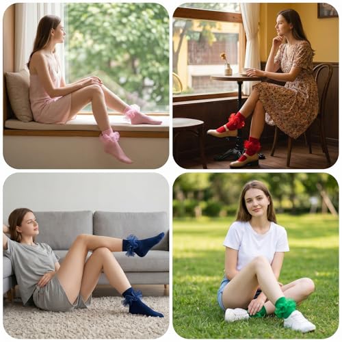 Big Ruffle Socks Women(Size 5-11) Turn Cuff Cotton Lace Frilly Socks - color: Pink,green,blue,red, size: 5-9