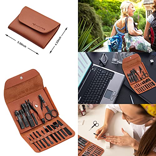 FAMILIFE Gifts for Men, Manicure Set Clippers Manicure Kit Nail Clipper Sets 16pcs Mens Grooming Kits Professional Stainless Steel Nail Kit Brown Leather Case Travel Kits - color: Medium Brown