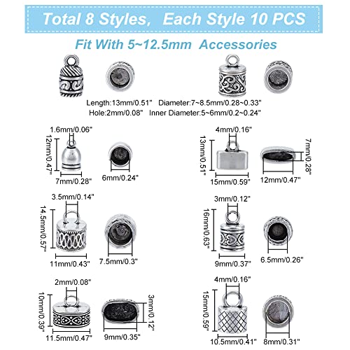 PH PandaHall Cord End Cap, 80pcs 8 Styles Vintage Leather Cord End Alloy Tube Barrel End Tip Glue-in Cord Terminator Barrel Caps for Tassels Bracelet Jewelry DIY Craft, for 5~12mm Cord, Antique Silver - color: Antique Silver-80pcs