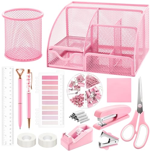 Fayoo 11 Pcs Pink Office Supplies Set Mesh Desk Organizer Accessories Kit - color: Pink