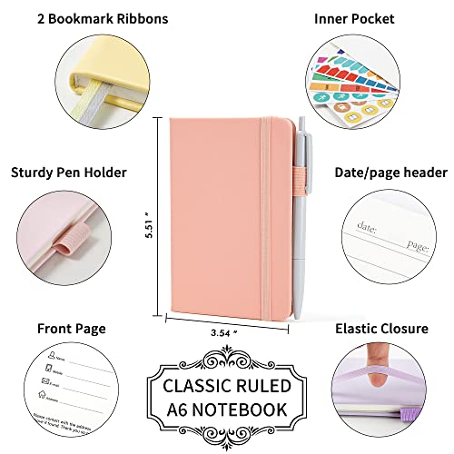 feela 6 Pack Pocket Small Notebooks Bulk, Mini Cute Memo Notepads Hardcover College Ruled Lined Journals with Pen Holder for Women Girls Office School, with 6 Black Pens, 3.5”x 5.5”, A6, Pastel Colors - color: 6 Pastel Colors