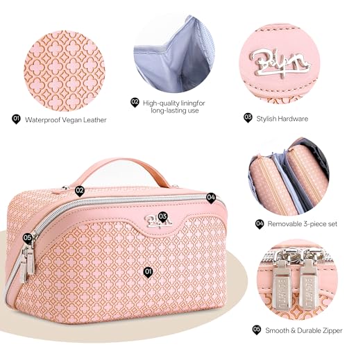 BOYATU Travel Makeup Bag for Women: Four Leaf Clover 3 Pcs Set Cosmetic Bag - color: M-03Pink