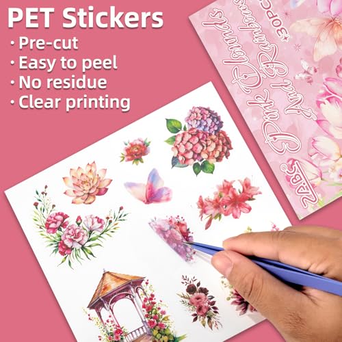 Rose Garden Series Sticker Scrapbooking Supplies for Junk Journal, 30 Sheets PET Stickers - Vintage Journaling Stickers, Ephemera Sticker Book Pre Cut(TZ-005-001) - color: Rosy Pink Clouds