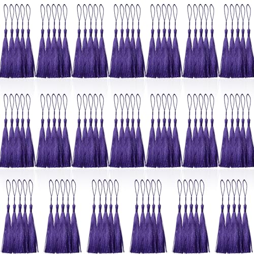 100 Pcs Purple Mini Tassels 13cm/5 Inch with Loops for Bookmarks, Jewelry Making, DIY Projects - color: Purple