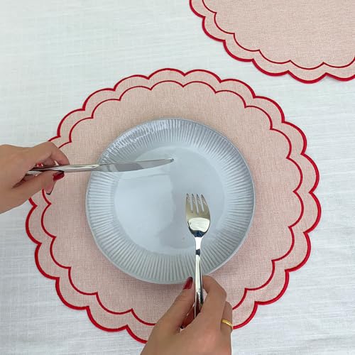 Linen Cotton Placemats Set of 4 Scalloped Flower Embroidery Place Mats 15'' Natural Linen Texture Fabric Machine Washable Table Mats for Restaurant Kitchen,Table Decor(Powder Pink) - color: Powder Pink