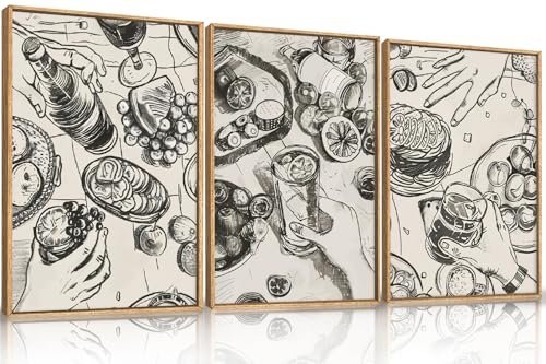 LHIUEM Large Retro Sketch Cheers Framed Canvas Wall Art,Food and Drink Wall Decor,Mid Century Gatherings Dinner Wall Painting,Abstract Black and White Art Prints for Kitchen,Dining Room - 24"x36"x3 - color: Sketch Cheers Wall Art, size: 36"L x 24"W