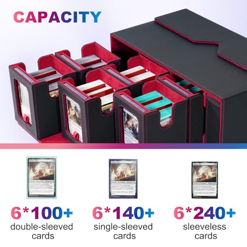 UAONO MTG Commander Deck Box, 6-Deck Modular TCG Deck Case with Dice Tray - color: Black Red