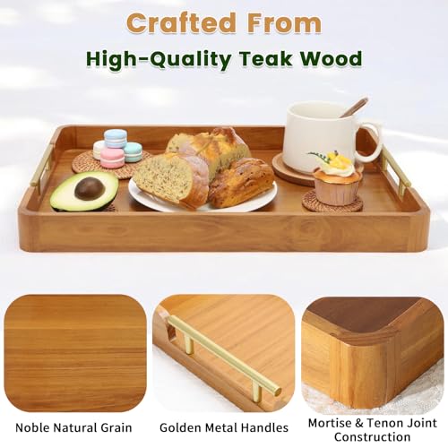 Solid Teak Wood Serving Tray with Handles, 17 x 13 Inch - size: 17" x 13" x 2"