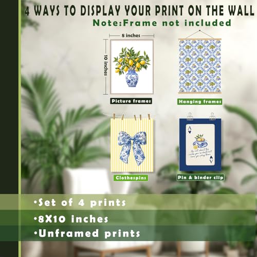 LUKIPOM Lemon Chinoiserie Wall Art Posters Set of 4, Grandmillennial Home Decor, Floral Blue and White Porcelain Lemon Tree Canvas Prints Artwork for Kitchen Wall Decor, 8x10 Unframed - color: Color 011