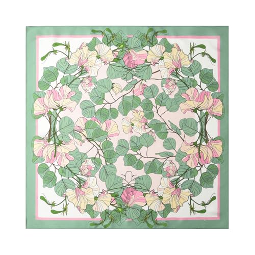 100% Mulberry Silk Scarf - 21" Square Lightweight Neckerchief, Gift Packed - color: Green-flowers