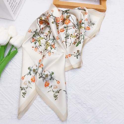 100% Mulberry Silk Neck Scarf for Women Square Neckerchief – 21 inch - color: Beige Flower