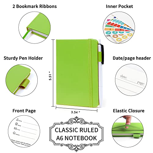feela 3 Pack Pocket Small Notebook Journals, Mini Cute Memo Notepad Hardcover College Ruled Lined Journals with Pen Holder for Women Girls Office School, with 3 Black Pens, 3.5”x 5.5”, A6, Green - color: 3 Green