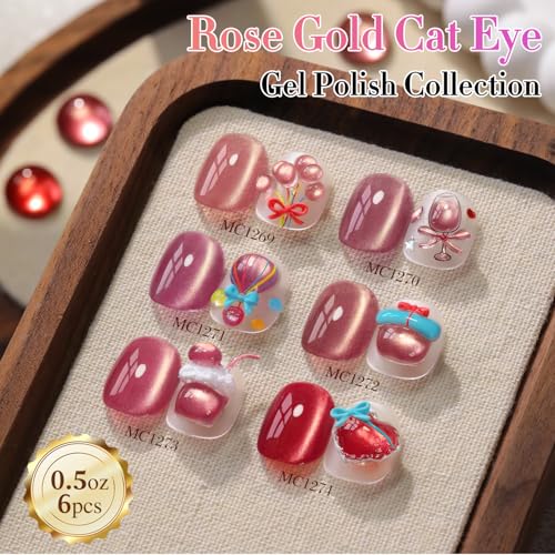 Double Rhythm Cat Eye Gel Nail Polish Set of 6 Same Color Same Bottle 0.5 Oz Shimmer Glitter with Magnet Holographic Reflective Magnetic UV Nail Polish Kit at Home (Golden Rose Pink-T6-60) - color: Golden Rose