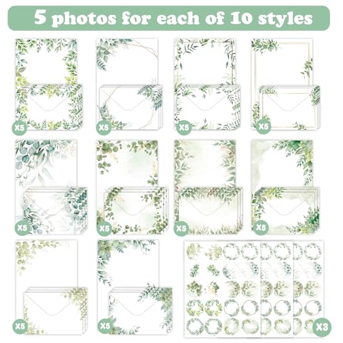 160 Pcs Stationery Set with Envelopes, 50 A5 Sheets of Stationery (10 Designs) with 50 Envelopes and 60 Stickers, Letter Writing Stationery for Home, Office, School, Set D - color: Eucalyptus stationery