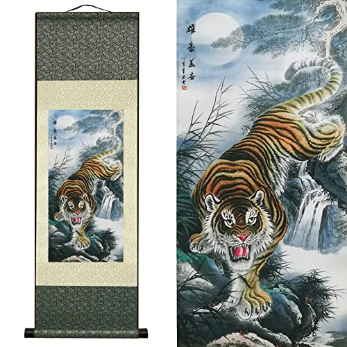 AtfArt Silk Scroll Painting, Asian Wall Art, Tiger, 36.2x12in - color: B6