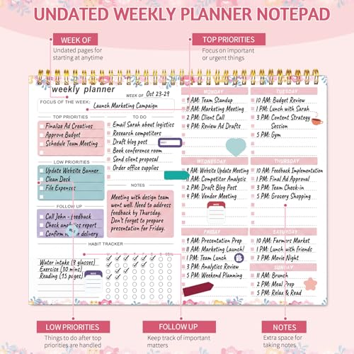 Thboxes Weekly Desk Planner, 8.5x11In To Do List Notepad, 52 Sheets, Floral - color: Light Pink Broken Flower