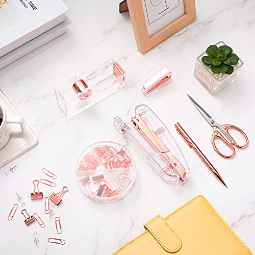 Office Supplies Set Desk Accessory Kit, Acrylic Stapler Set Staple Remover, Tape Dispenser, Binder Clips, Paper Clips, Ballpoint Pen and Scissor with 1000 Pieces 26/6 Staples (Rose Gold) - color: Rose Gold