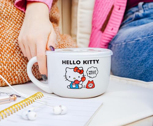 Silver Buffalo Sanrio Hello Kitty How Are You? Ceramic Soup Mug Bowl With Vented Lid and Handle For Ice Cream, Cereal, Beverages | Holds 24 Ounces - color: How Are You