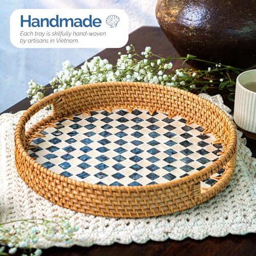 JUNGLE CULTURE Round Rattan Tray with Mother of Pearl Inlay • Drift 12” - color: Drift, size: 11.8"