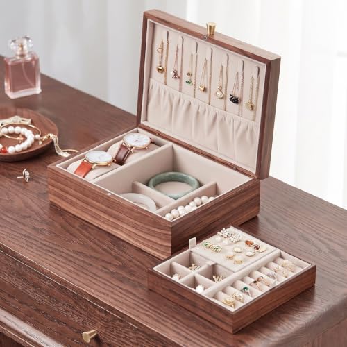 Black Walnut Wooden Jewelry Box for Women with Removable Tray - style: 2 Layer A