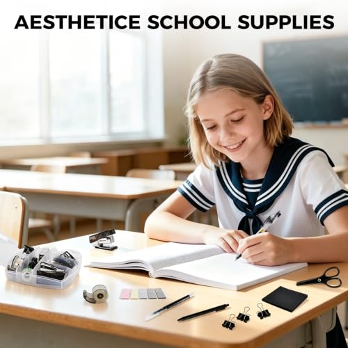 Mini Office Supply Kit, Mini Stapler with Staples and Tape Dispenser Set, Mini School Supplies Kit Includes Sticky Notes Index Tabs Gel Pens for Office & School (Black) - color: Black