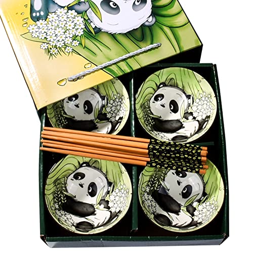 Ceramic Rice Bowl with Chopsticks Set of 4, 4.5" Cute Panda Small Bowls - color: PDS