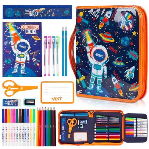 Washable Markers Set with Glitter Pencil Case, Art Supplies for Kids Ages 4-6-8, Arts Crafts Travel Coloring Kit for Boys 4 5 6 7 8 Year Old Birthday Gifts - color: Space