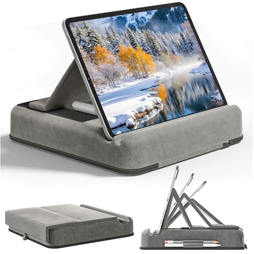 Tablet Pillow Stand, Multi-Angle Foldable iPad Holder for Bed, Sofa, Desk, Lap, Soft Pad Dock with Storage Pocket & Stylus Mount, for 4.7-13" Devices iPad,iPhone,E-Reader,Books (Grey) - color: Grey