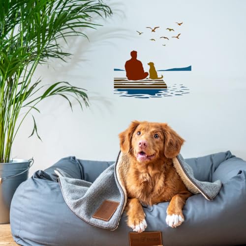 FINGERINSPIRE People and Dogs Stencil with 1Pc Plastic Paint Brush 11.8x11.8inch Reusable Shore Scenery Template Flying Birds Stencil Human Dog Pattern Template for DIY Art Craft Home Wall Decor - style: People and Dogs