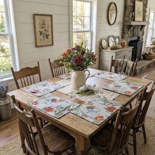 DaDa Bedding Tropical Paradise Floral Blue Roses Placemats - Set of 4 Tapestry Nature Birds Exotic Flowers Botanical Garden Berries - Decorative Linen Woven Kitchen Dining Table Mats - 13” x 19” - color: Tropical Paradise