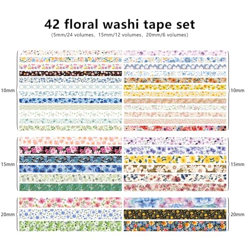 Bomichi 42-Roll Floral Thin Washi Tape Sticker Set 3 Meters per Roll - color: Yellow floral print