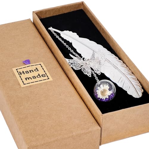 Toirxarn Metal Feather Bookmark, Back to School Teacher Gift for Women - color: Feather Silver - Purple Crystal With White Flower