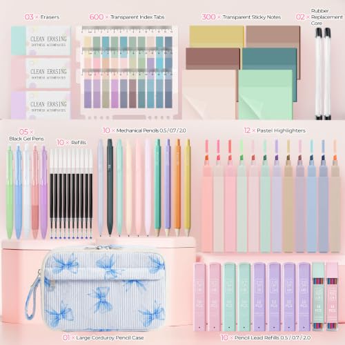 WOBAGMEN 62PCS Aesthetic Stationery Set with Corduroy Pencil Case, Pastel Highlighters Gel Pens Mechanical Pencils, Cute College Daily Essentials Set（Blue Bow） - color: Blue Bow