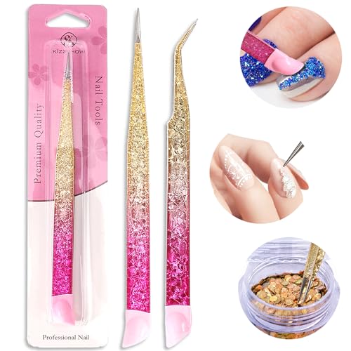 Ouligay 2Pcs Double Ended Nail Art Tweezers Stainless Steel Tweezer Straight Curved Tip Tweezers with Silicone Pressing Head for Nail Crafts Rhinestone Stickers Jewel Gem Picker Tool