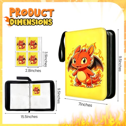 400 Cards Capacity Trading Card Binder, Card Holder with 50 Removable Sleeves, Double Sided 8-Pocket Pages Zipper Album with Wrist Strap for TCG, Sports & Game Cards, Gift for Boys and Girls - color: Red Yellow