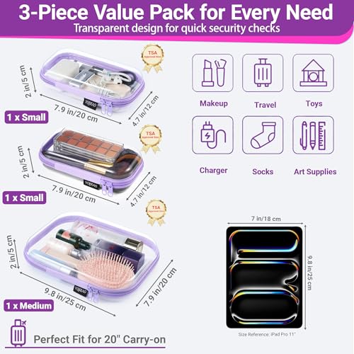 YQBRAO 3-Piece Clear Hard Shell Zipper Case Set, 1M 2S, Purple - color: Purple, size: MSS