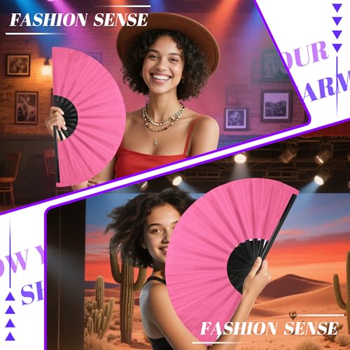 13 Inch Large Rave Fan & Clack Fan for Line Dancing - Folding Hand Fan with UV Glow for Boots on The Ground, Performance, Wedding, Party - Portable Handheld Fan for Women & Men - color: Pink*1