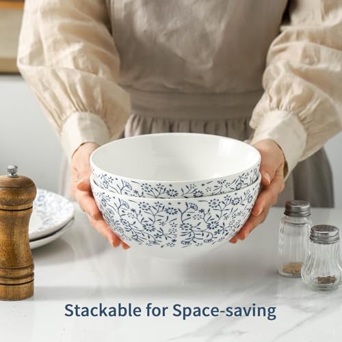 Cereal Bowls Large Soup Bowl Set of 2, Blue and White Ceramic Bowls 42oz, Floral Japanese bowl for Salad, Rice, Snack, Ramen, Pasta, Fruit, Microwave Dishwasher Safe, 7 inch - color: white 2