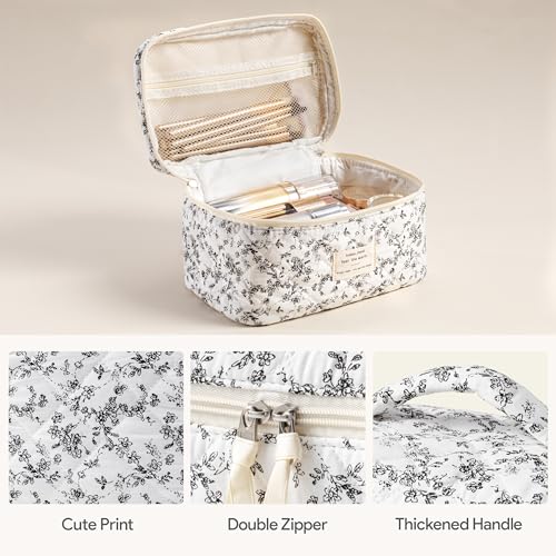 HBselect Quilted Makeup Bag, 3Pcs Cotton Large Travel Makeup Bags Organizer - color: A-3PCS-Floral 39
