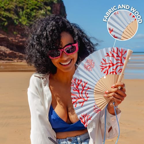 Fisura – Original Blue Folding Fan with Corals Design, Wooden Handheld Fan for Women, Includes Hanger, Perfect for Wedding, Party, Travel, Gift or Summer Decoration - color: Corals
