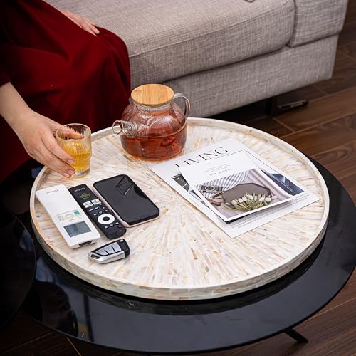 PEMAR 22" Round Mother of Pearl Extra Large Ottoman Tray with Raised Edge, Oversized Decorative Luxury Wooden Serving Tray for Food, Coffee Table, Breakfast in Bed (White Cream Sunlight) - color: White Cream Starburst Sunlight