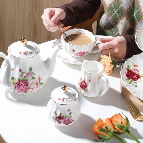 Porcelain Tea Sets British Royal Series, 8 OZ Cups & Saucer Service for 6, with Teapot Sugar Bowl Cream Pitcher Teaspoons and Tea Strainer, Suitable for High Tea, Wedding, Party (Midsummer Rose) - color: Midsummer Rose