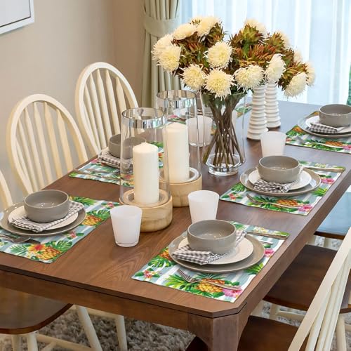 Summer Pineapple Palm Leaves Placemats Set of 6 12x18 Inch - color: Blue White Yellow, size: Set of 6